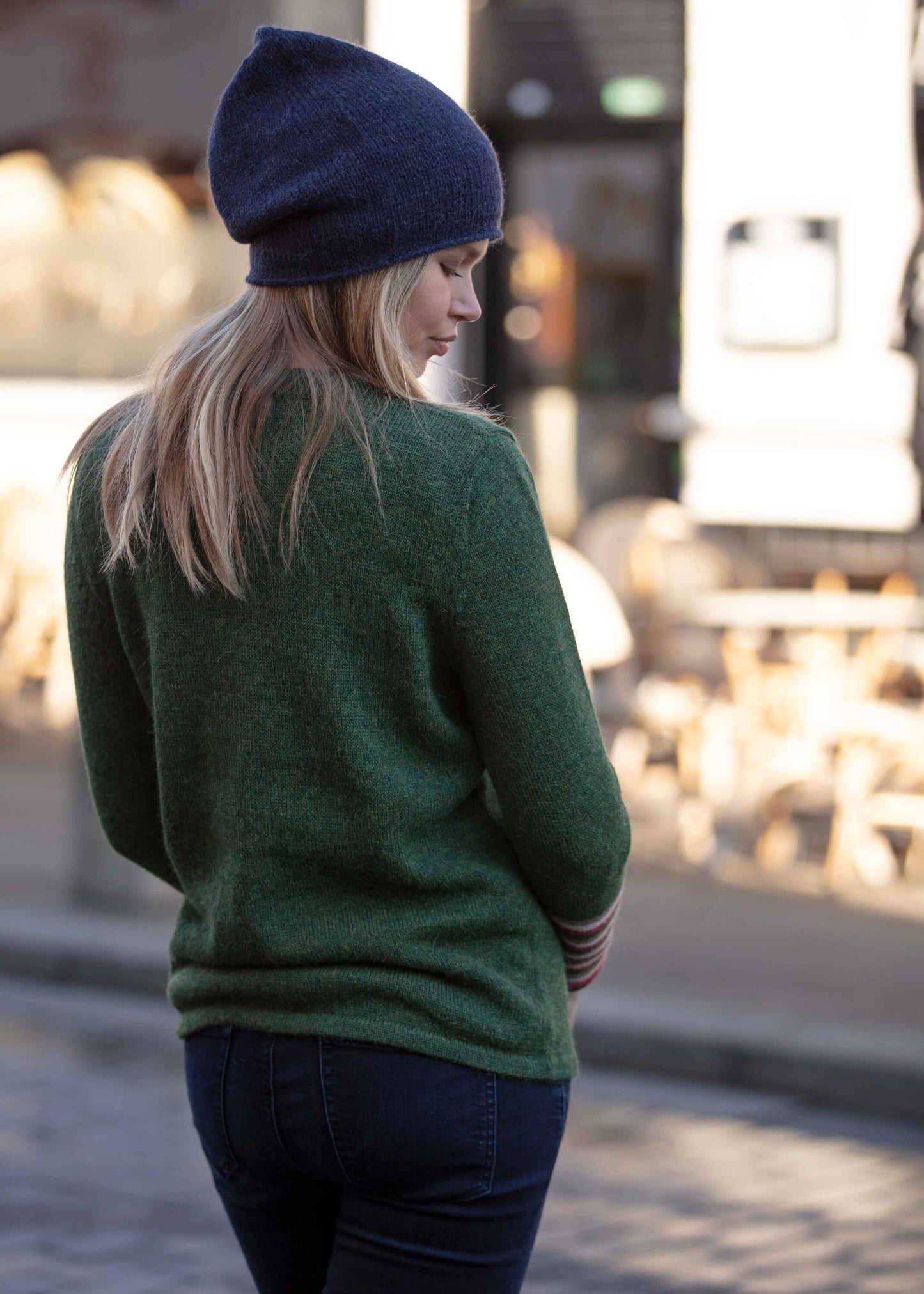 Women's jumper, Knit sweater 100% alpaca, knitted wool pullover. Rainbow stripe sleeves. Plastic free, eco friendly, fair trade, ethical.