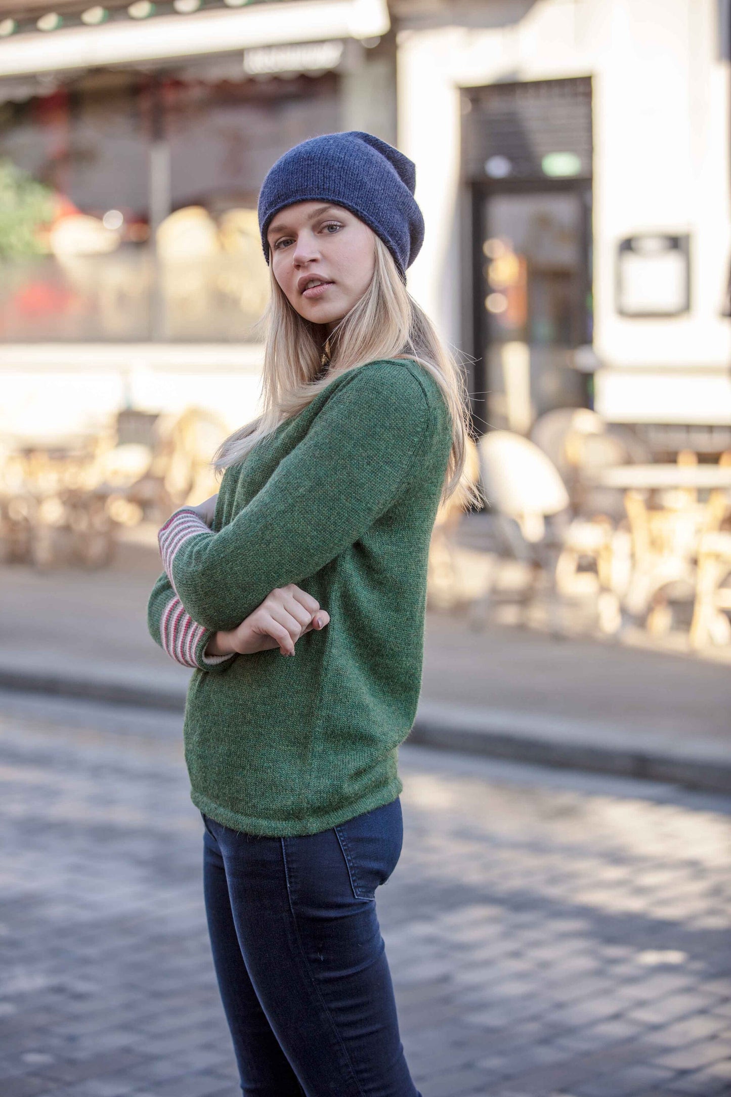 Women's jumper, Knit sweater 100% alpaca, knitted wool pullover. Rainbow stripe sleeves. Plastic free, eco friendly, fair trade, ethical.