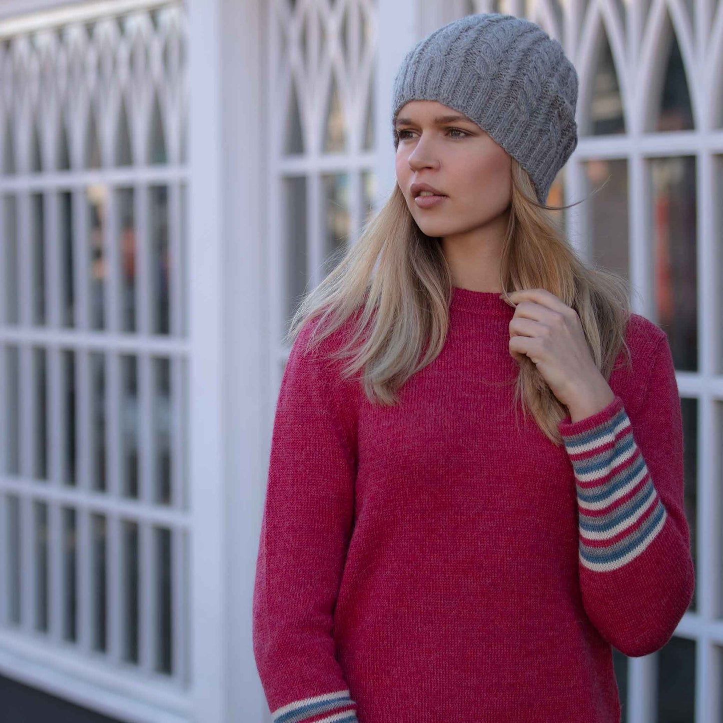 100% alpaca sweater, wool knit jumper, knitted pullover. Warm woollen knitwear for women. Striped sleeves. Ethical, plastic free, fair trade