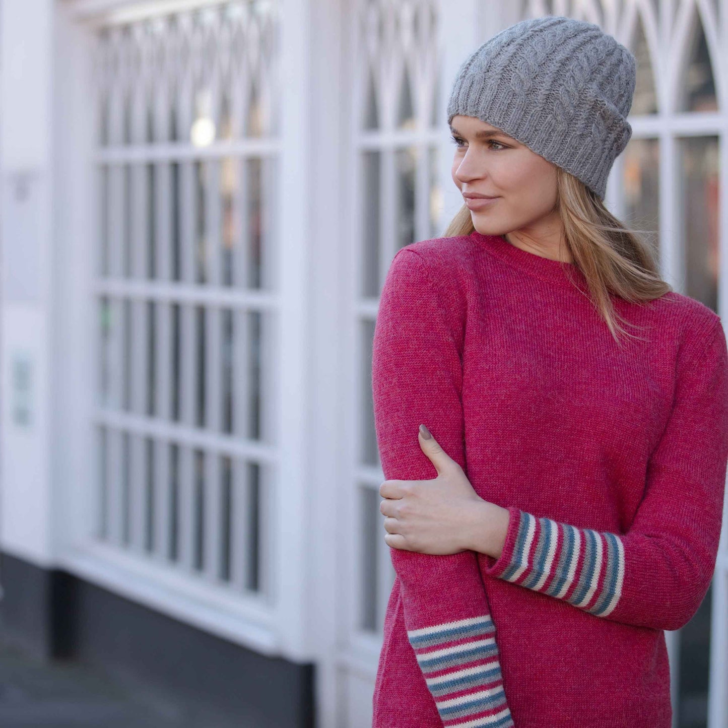 100% alpaca sweater, wool knit jumper, knitted pullover. Warm woollen knitwear for women. Striped sleeves. Ethical, plastic free, fair trade