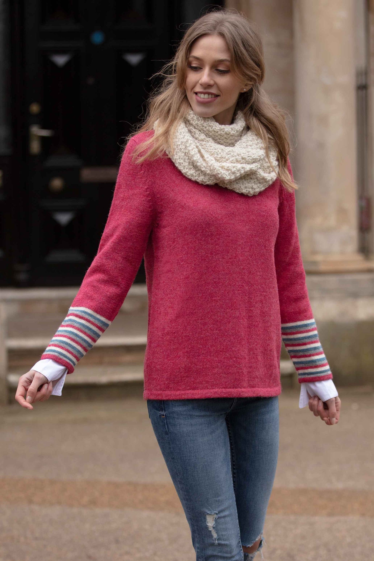 100% alpaca sweater, wool knit jumper, knitted pullover. Warm woollen knitwear for women. Striped sleeves. Ethical, plastic free, fair trade