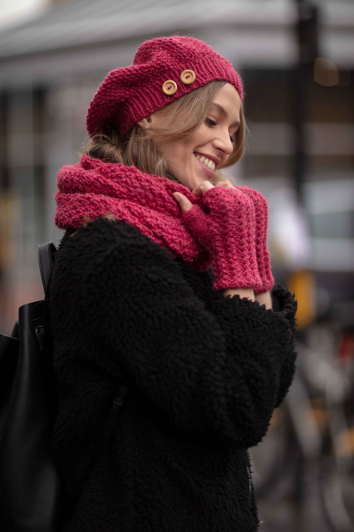 Pink beanie hat, Alpaca, hand knitted, coral pink, raspberry red, luxury tam, warm soft wool, winter beret, fair trade, eco friendly,