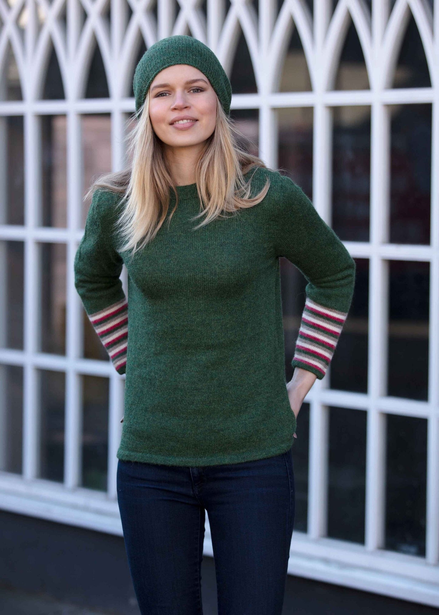 100% alpaca sweater, wool knit jumper, knitted pullover. Warm woollen knitwear for women. Striped sleeves. Ethical, plastic free, fair trade