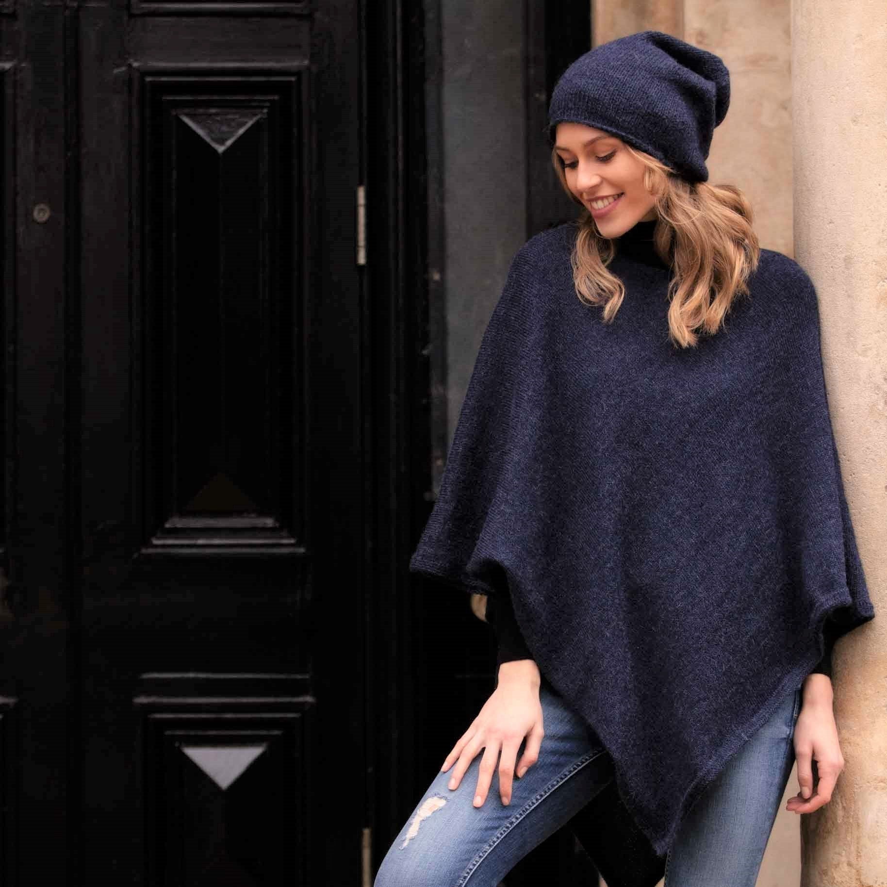 100% Alpaca Wool Slouchy Beanie Hat and Poncho in blue