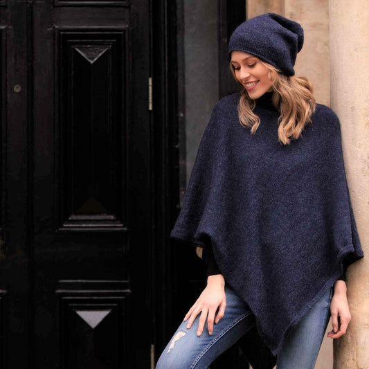100% Alpaca Wool Slouchy Beanie Hat and Poncho in blue