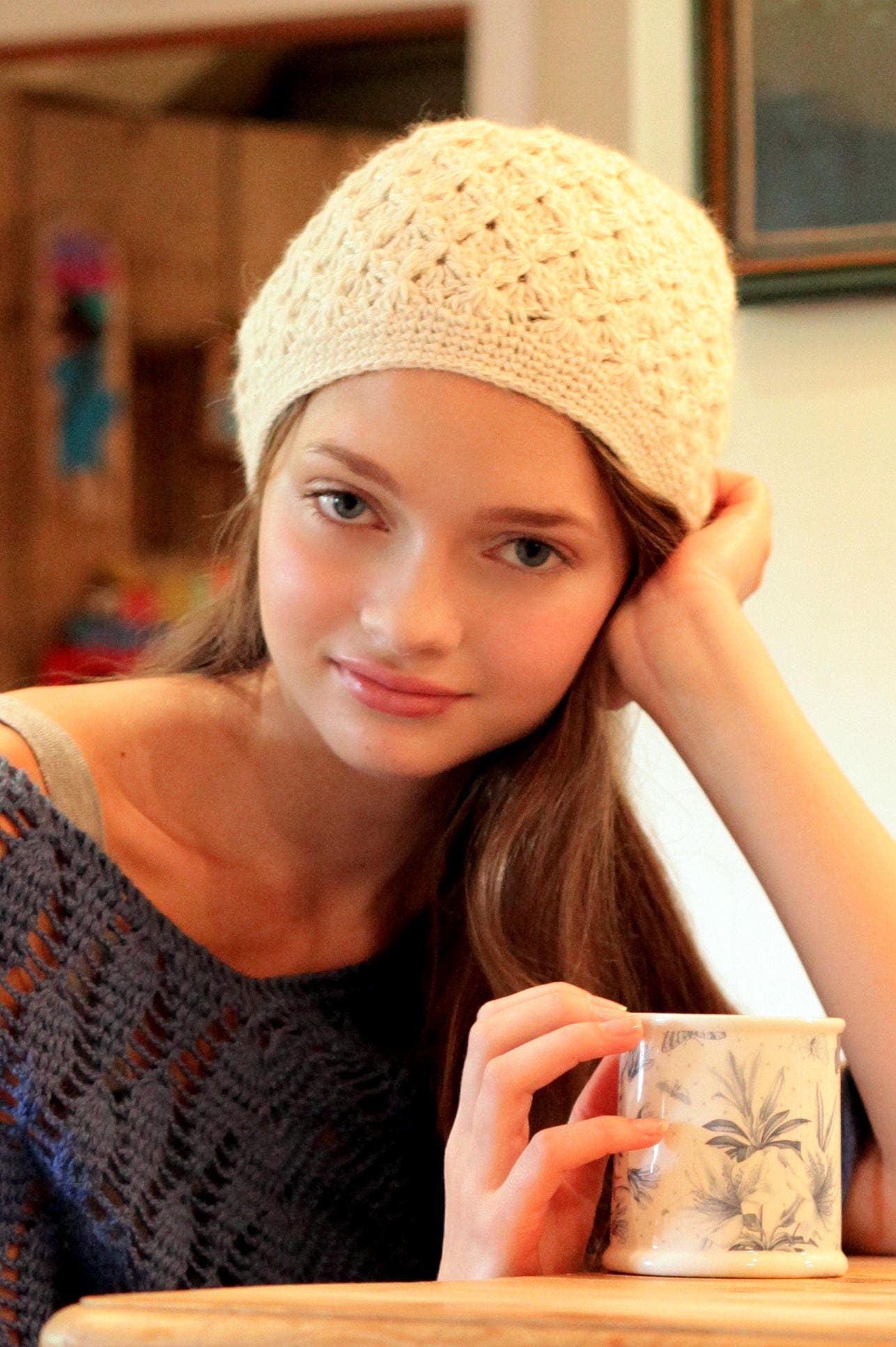 100% Alpaca Crochet Beanie Hat, Cream. Hand crocheted alpaca wool beret, knit tam, skullcap, Ethical, Soft, Warm, Natural fibre Plastic free