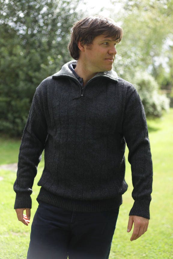 Alpaca wool zip neck jumper, knit sweater for men, Small to XXL sizes