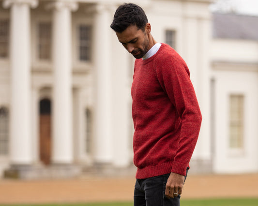 Men's sweater 100% Alpaca. Red. Knitted round neck jumper. Crew neck knit jersey. Pullover, natural fibre, ethical fair trade. Plastic free