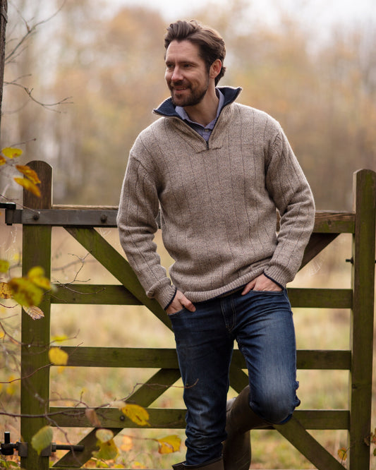 Men's Sweater Alpaca wool zip neck jumper, beige. Warm knit ethical pullover. Small to XXL sizes, fair trade.